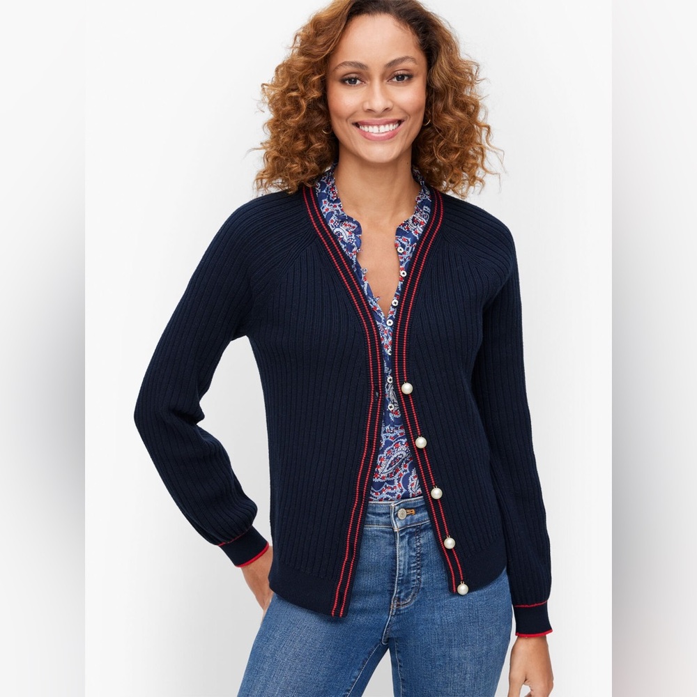 NEW Talbots V Neck Cardigan Sweater Blue Red Pearl Buttons Size XL *X
